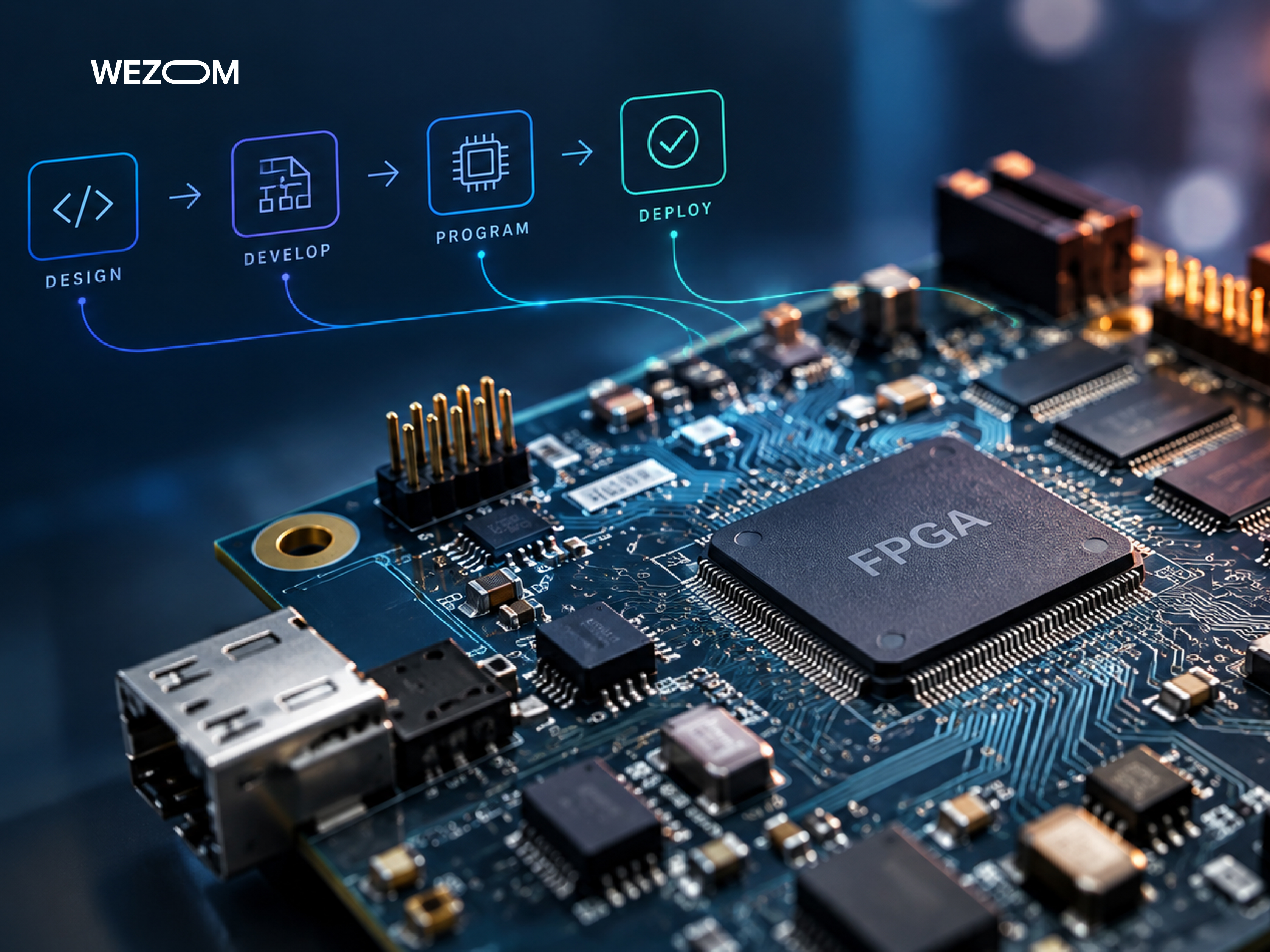 FPGA programming process with design, development, programming and deployment stages on an FPGA board